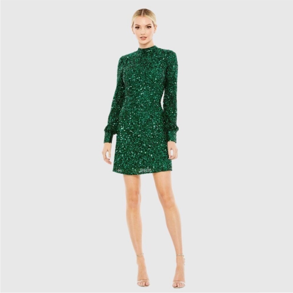 Mac Duggal 5545 Sequin Open Back Bishop Sleeve Mini Dress Emerald Green Size 14